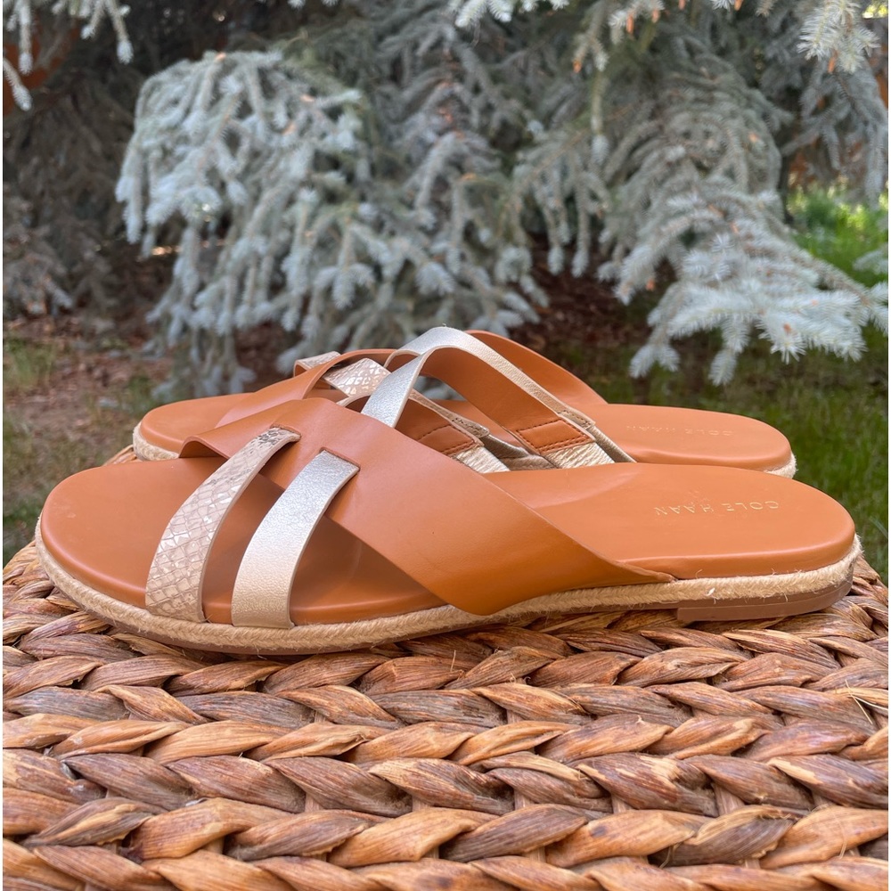 Cole Haan Florens Leather Tan & Champagne Slide Flat Sandals.  Women’s size 9.5